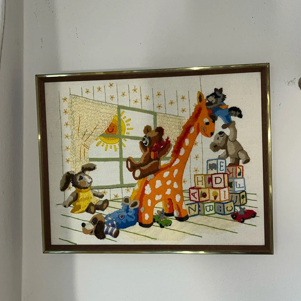 Handmade Vintage Nursury Animals‎ Crewel Embroidery on Muslin - Picture 2 of 11
